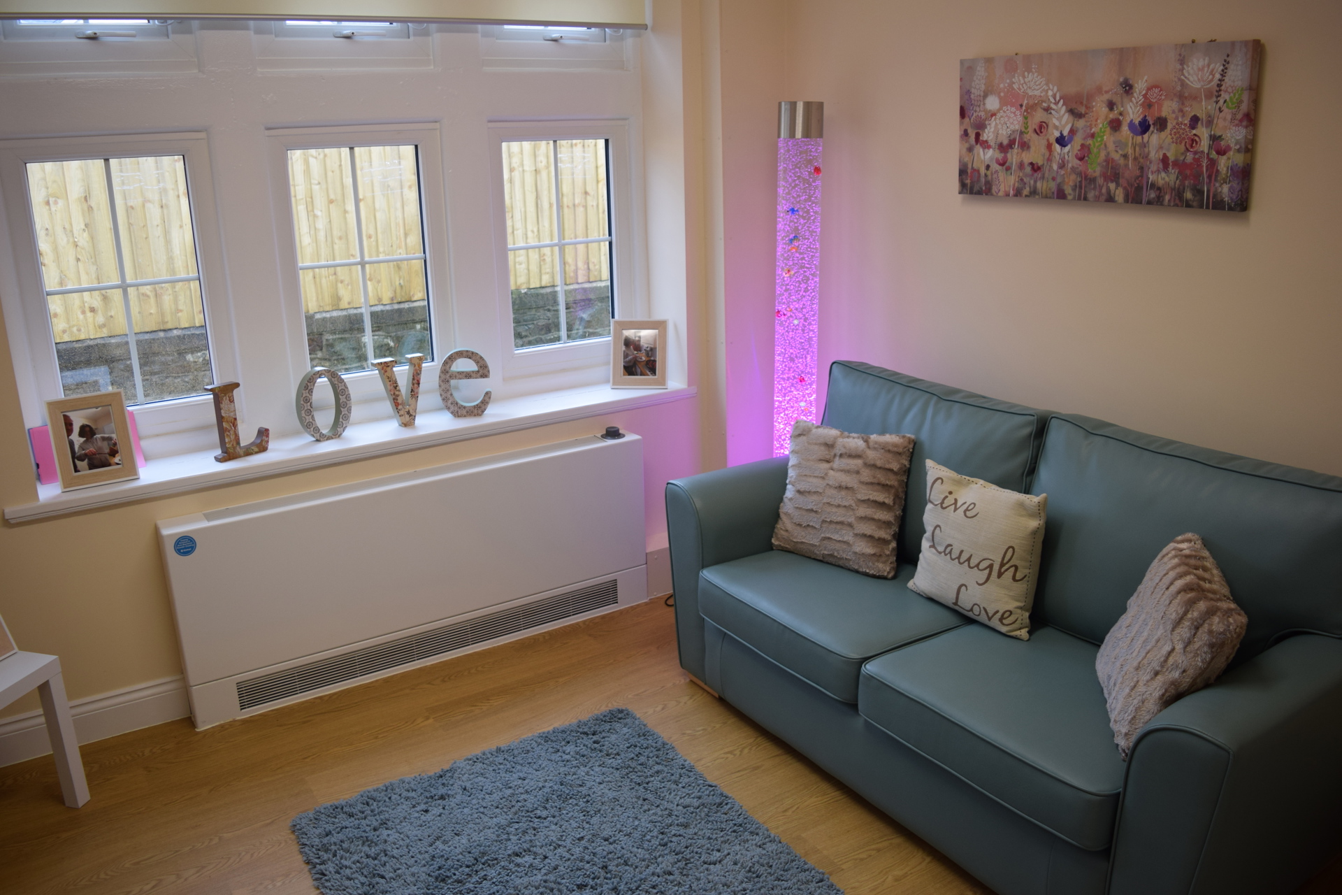 The living room in Harwood House.