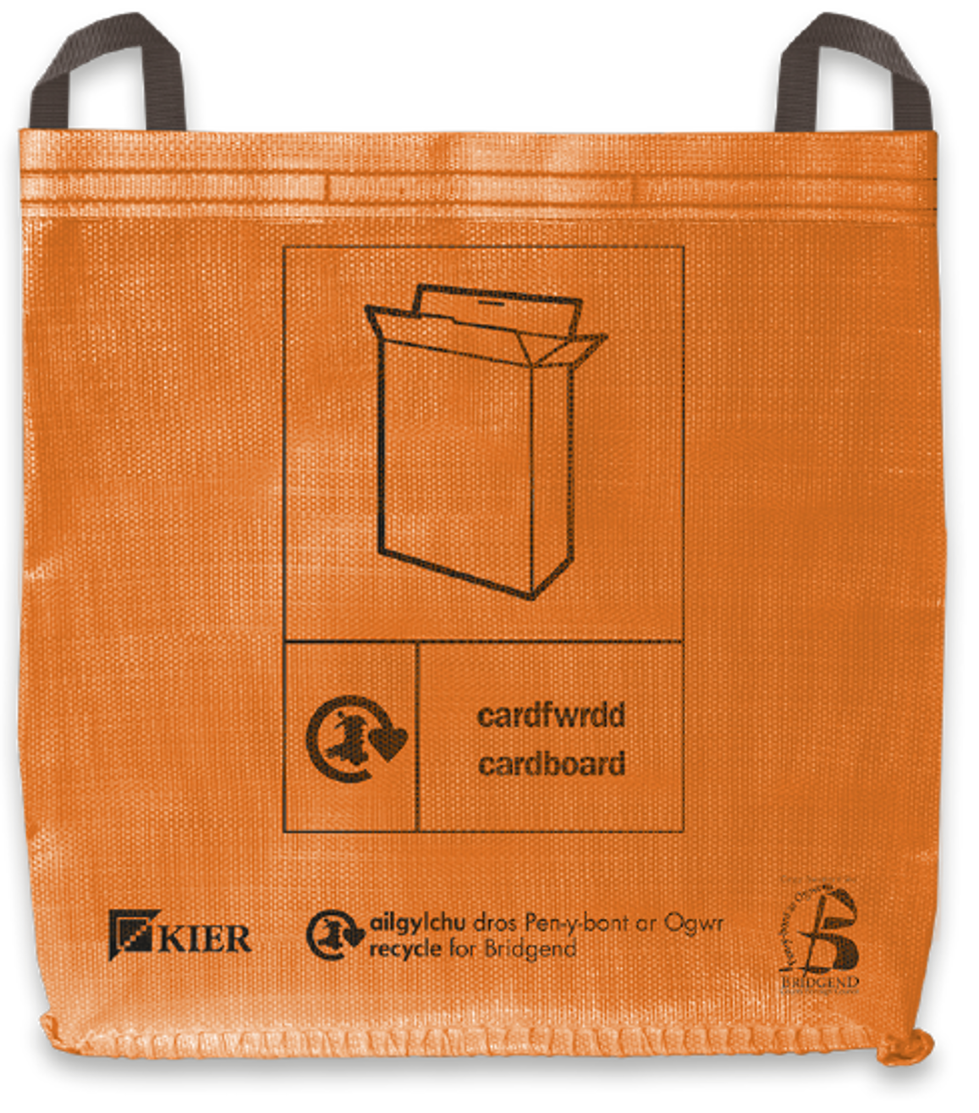 A picture of an orange recycling sack with our, Kier and Recycle for Bridgend’s logos