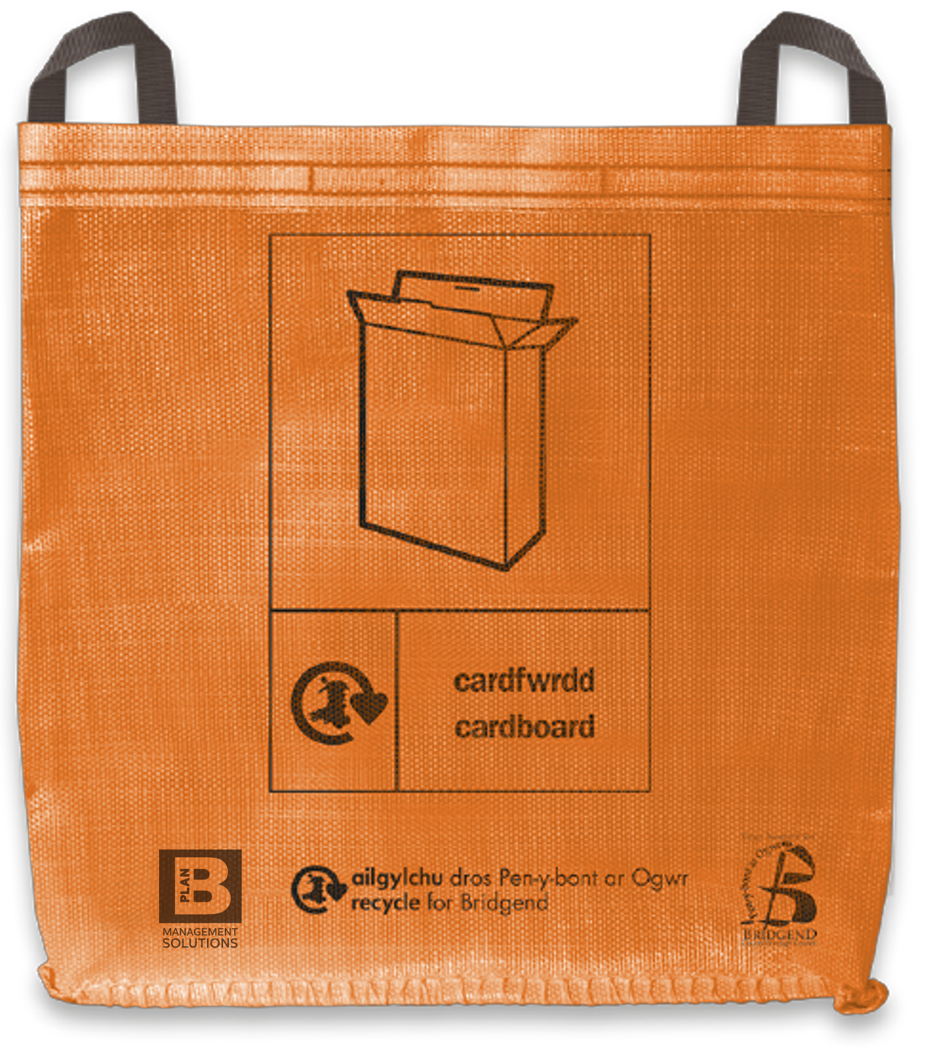 A picture of an orange recycling sack with our, Kier and Recycle for Bridgend’s logos