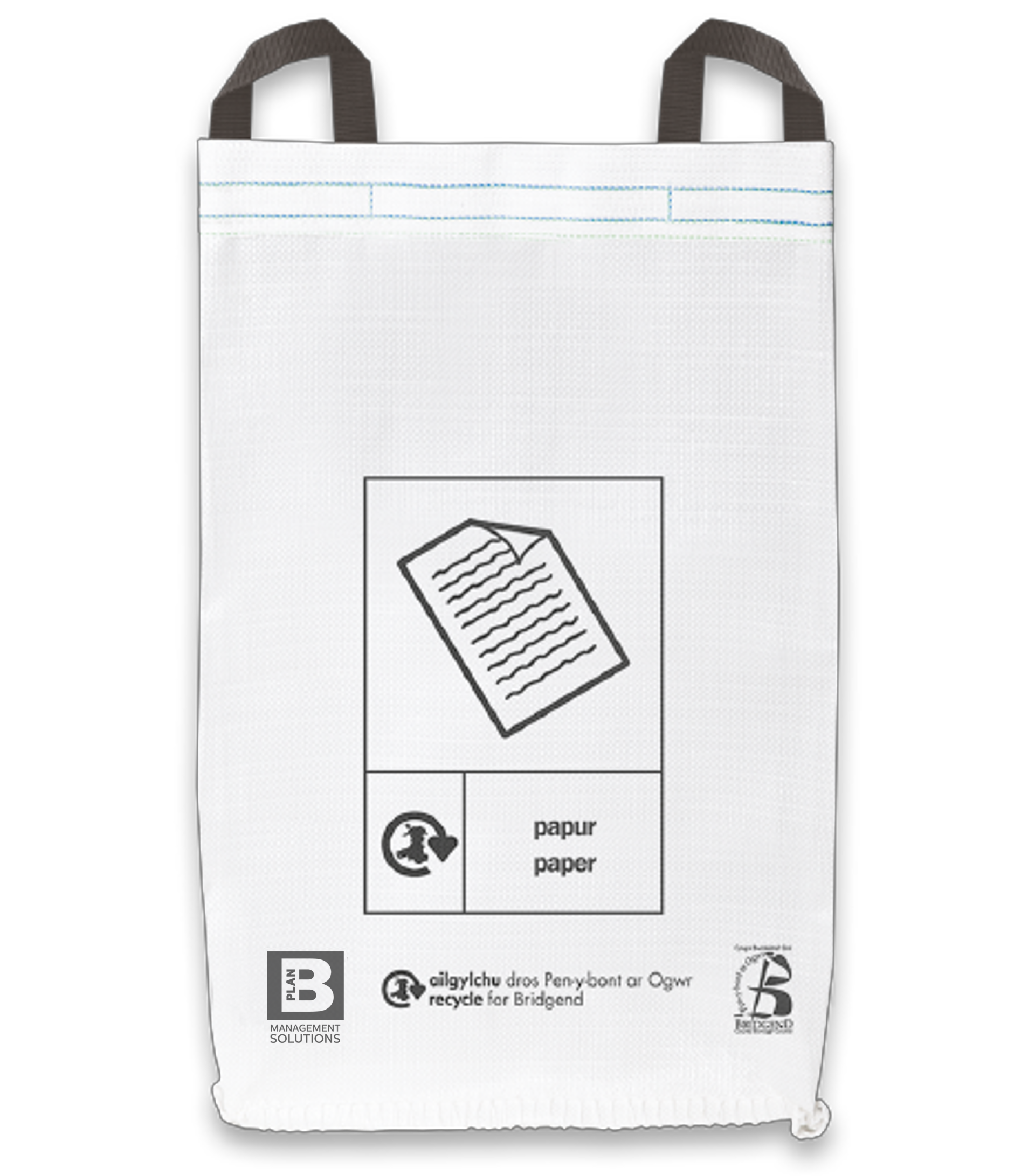 A picture of a white recycling sack with our, Kier and Recycle for Bridgend’s logos