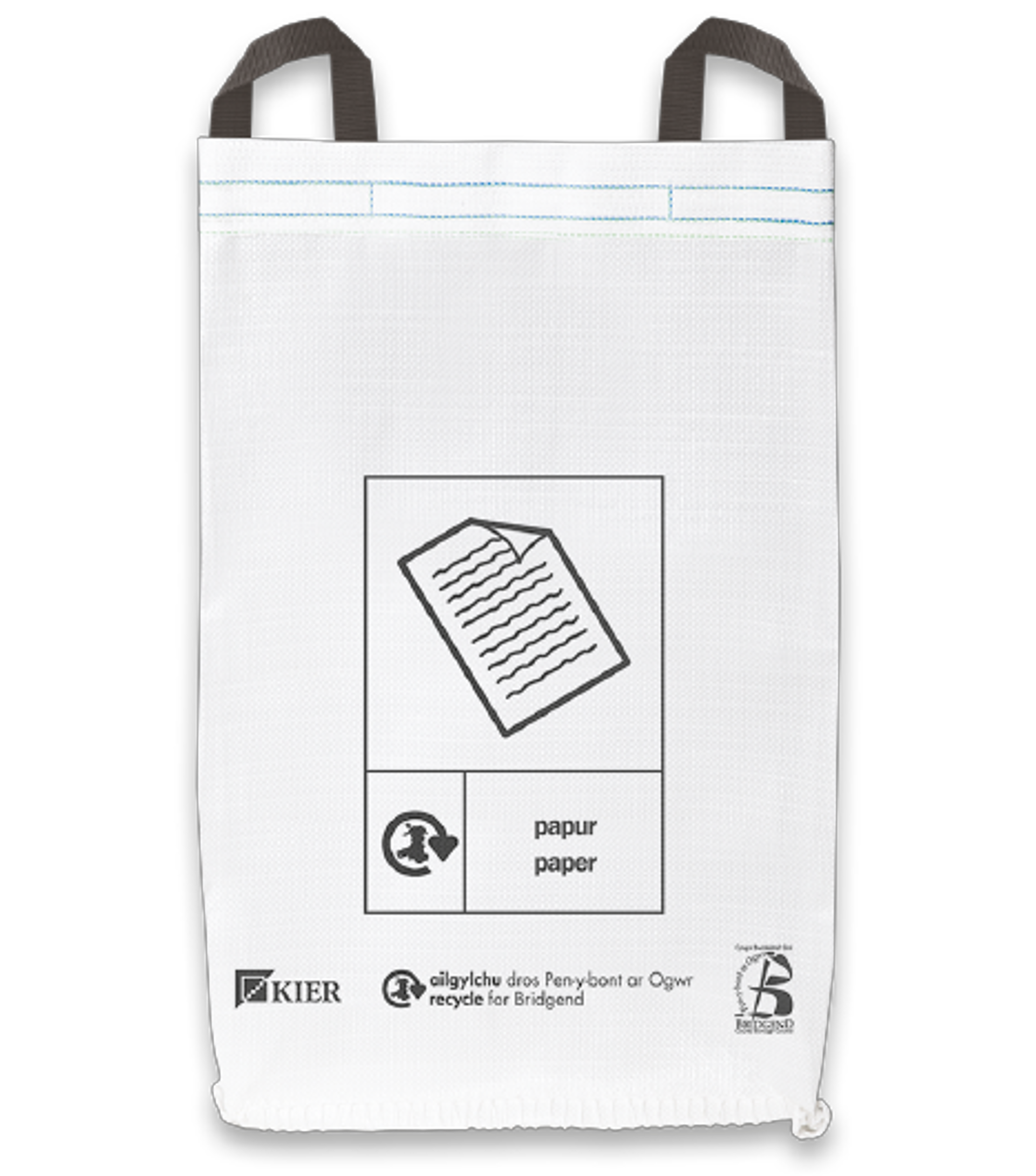 A picture of a white recycling sack with our, Kier and Recycle for Bridgend’s logos