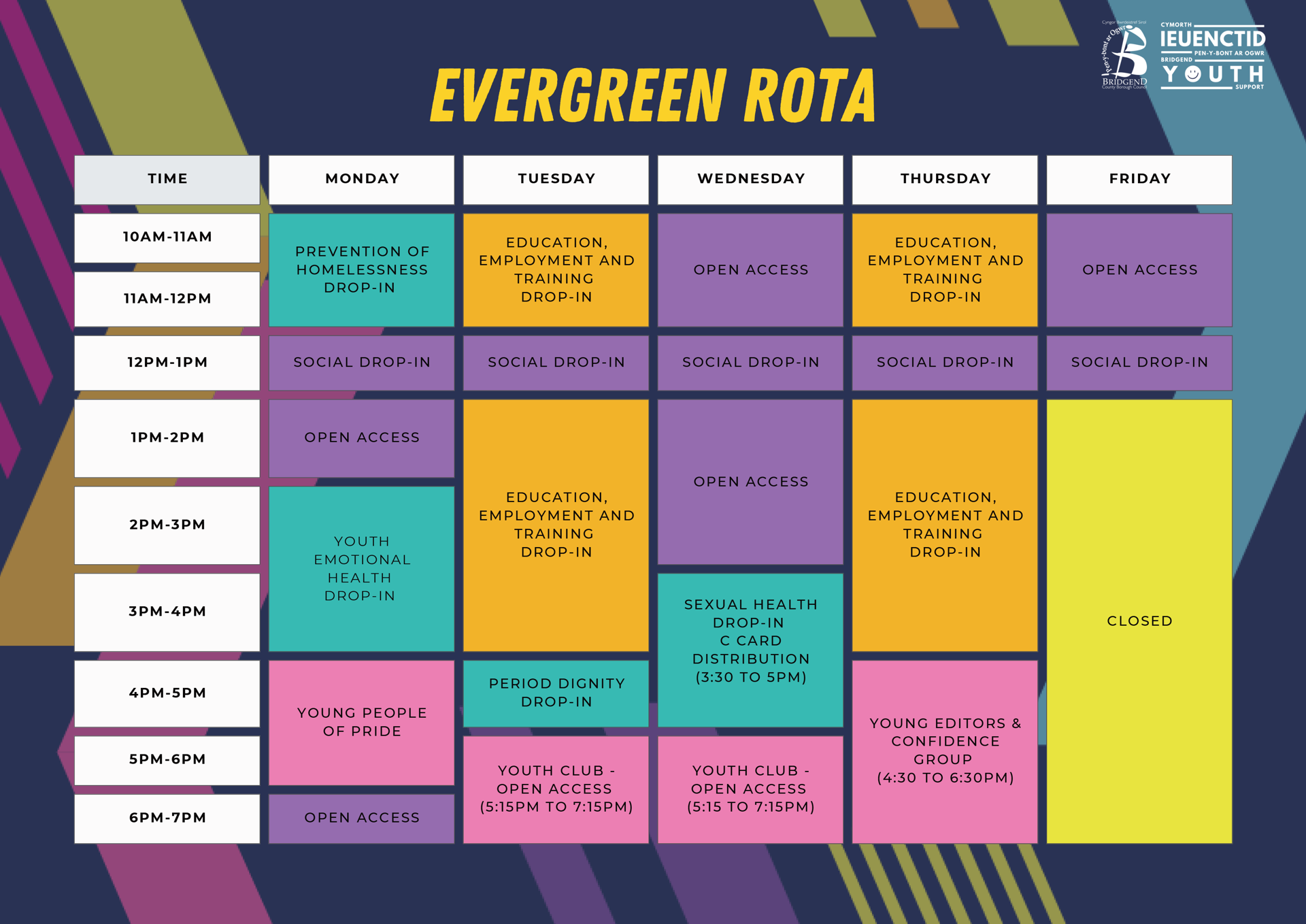 Evergreen rota of activities.