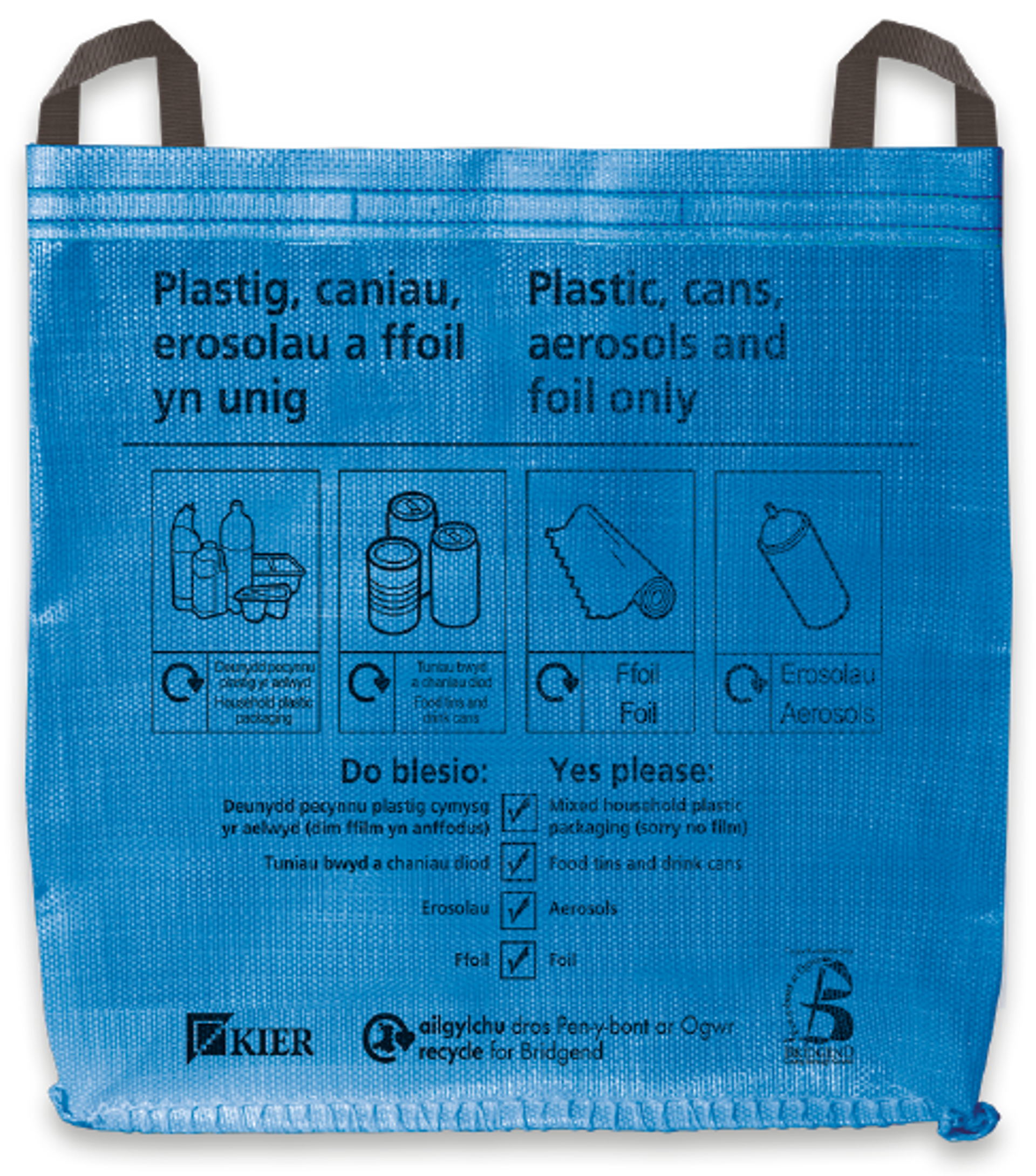 A picture of a blue recycling sack with our, Kier and Recycle for Bridgend’s logos