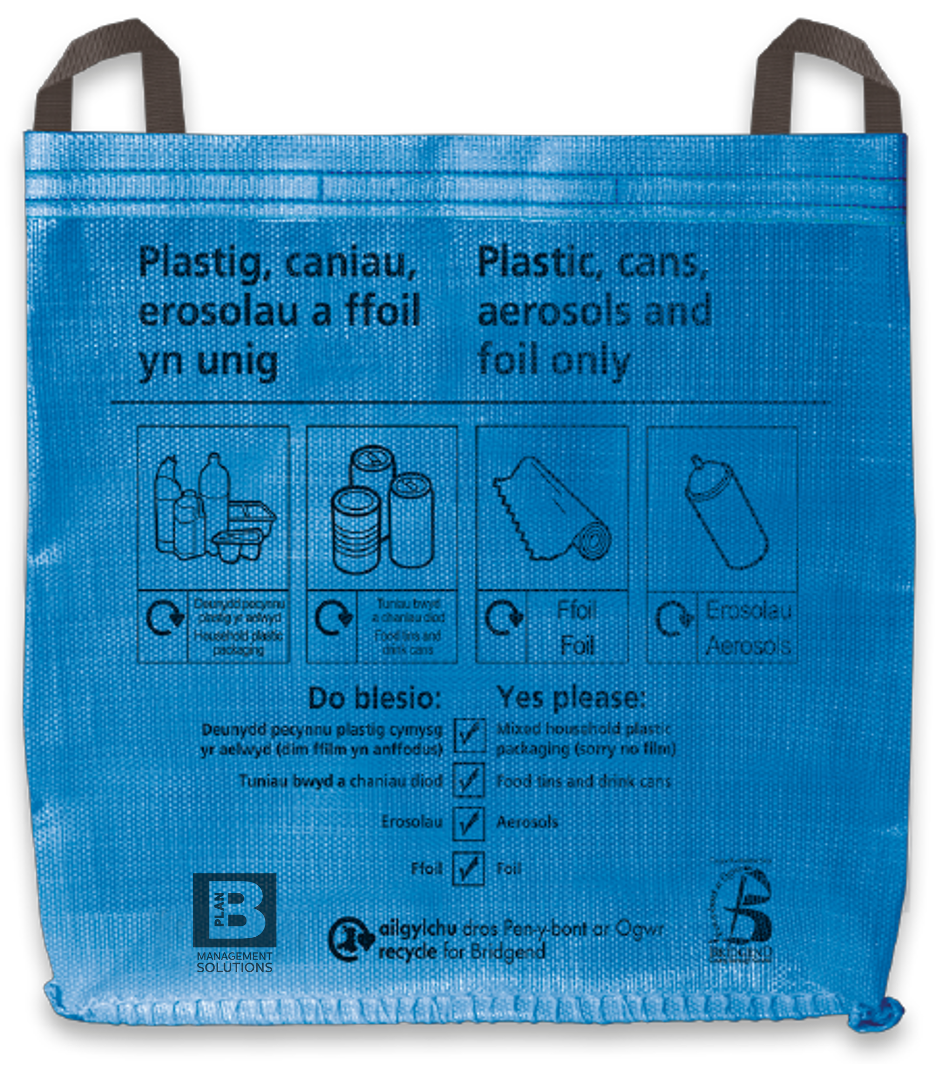 A picture of a blue recycling sack with our, Kier and Recycle for Bridgend’s logos