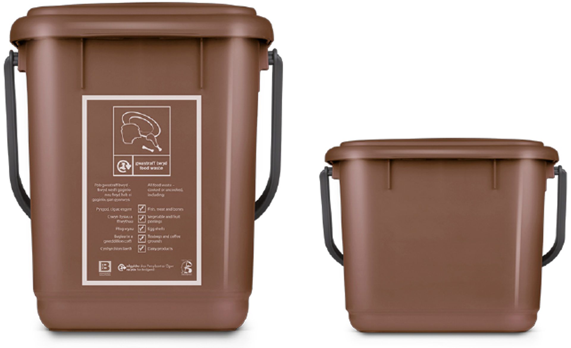 A picture of one large and one small brown caddy for collecting food waste.