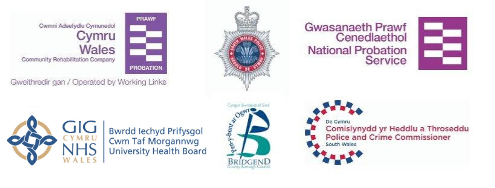 MASH partners' logos including Bridgend County Borough Council, South Wales Police and Crime Commissioner, National Probation Service, Community Rehabilitation Company Operated by Working Linked, NHS Wales's Cwm Taf Morgannwg University Health Board, South Wales Police.