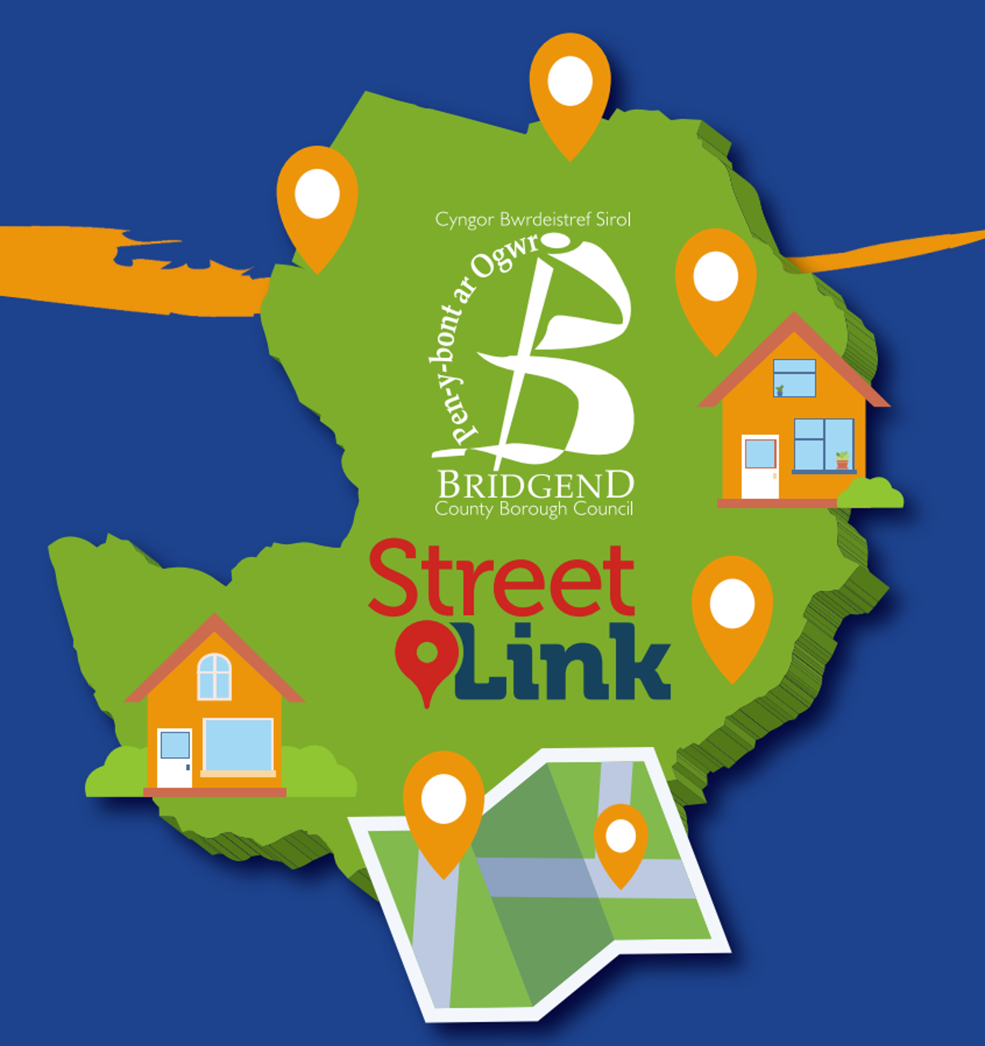 StreetLink and Bridgend CBC logo on map of the county borough