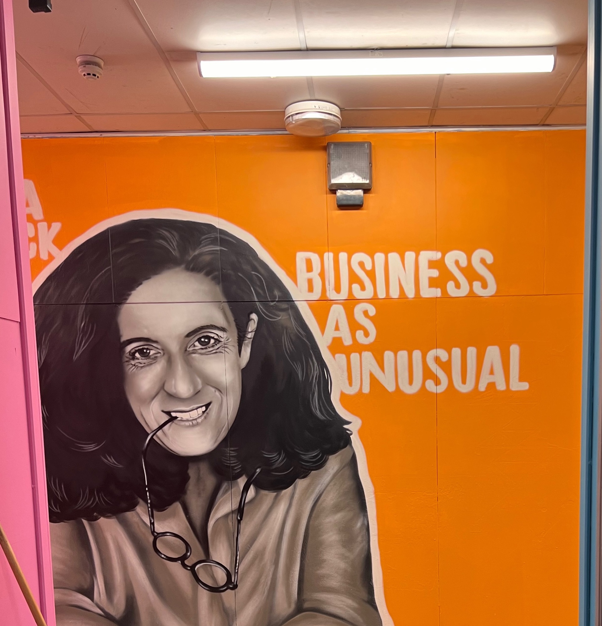 Wall Art depicting Anita Roddick and the phrase business as unusual